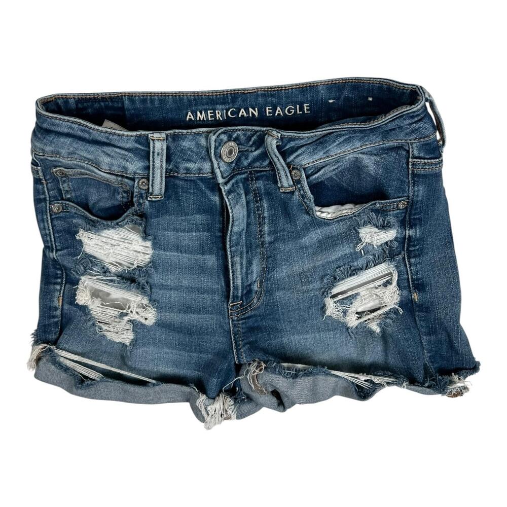 American Eagle Shorts Womens 8 Blue Hi-Rise Shortie Distressed Denim Cutoff - Picture 1 of 8